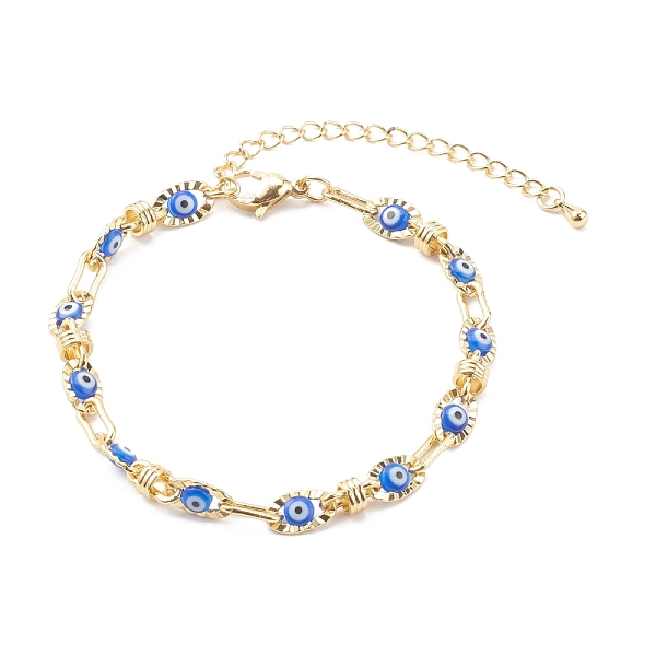 

PandaHall Golden Plated Brass Link Chains Bracelets, with Evil Eye Glass Beads, Dodger Blue, 7-1/8 inch(18cm) Glass Evil Eye