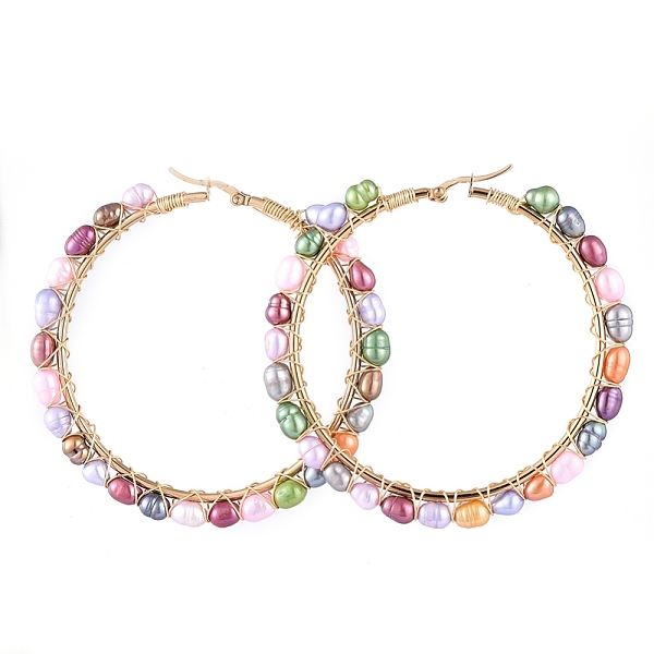 

PandaHall 304 Stainless Steel Beaded Big Hoop Earrings, with Natural Pearl Beads, Ring, Golden, 69x5mm, Pin: 0.8mm Pearl Ring