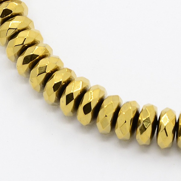 

PandaHall Grade A Electroplate Non-magnetic Synthetic Hematite Beads Strands, Faceted, Rondelle, Golden Plated, 6x3mm, Hole: 1mm, about...