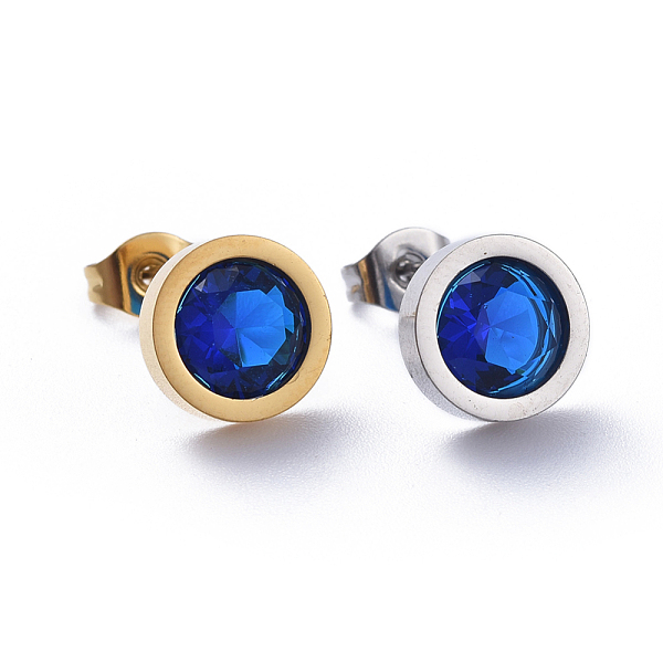 

PandaHall 304 Stainless Steel Stud Earrings, with Cubic Zirconia and Ear Nuts, Blue, 9.5mm, Pin: 0.6mm, 6pairs/card Cubic Zirconia Flat...