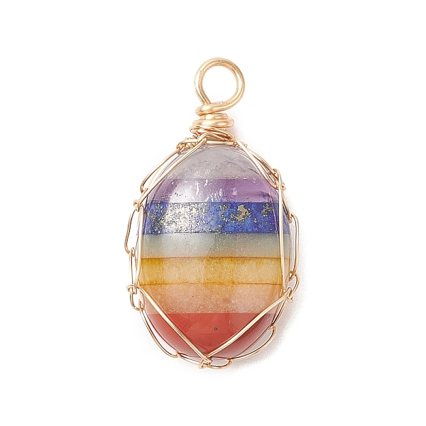 

PandaHall Chakra Natural Mixed Gemstone Copper Wire Wrapped Pendants, Oval Charms, Light Gold, 26x14.5x6mm, Hole: 2.5~3mm Mixed Stone Oval