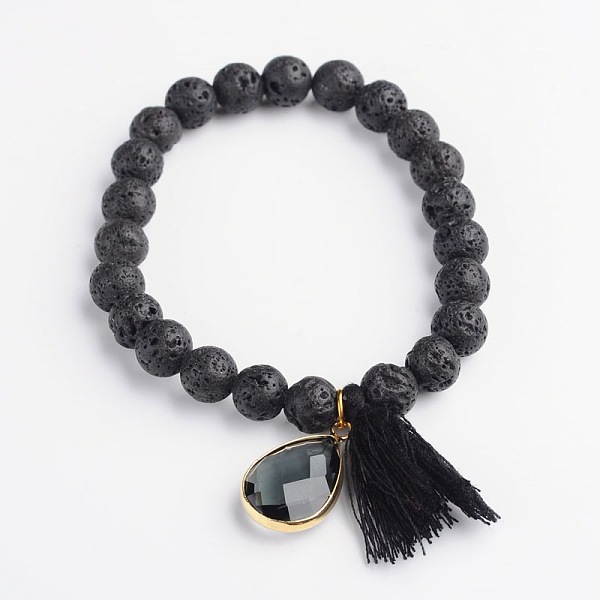 

PandaHall Round Natural Lava Rock Charm Bracelets, with Teardrop Glass Charms and Cotton Tassels, 53mm Lava Rock