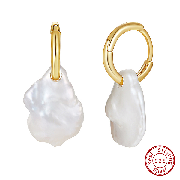 

PandaHall 925 Sterling Silver Hoop Earrings, Natural Baroque Pearl Drop Earrings, with S925 Stamp, Real 14K Gold Plated, 22x13~14mm Pearl..., White