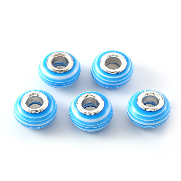 

PandaHall Resin European Beads, Large Hole Beads, with Silver Plated Brass Double Cores, Stripe, Rondelle, Light Sky Blue, 14x8~8.5mm, Hole...