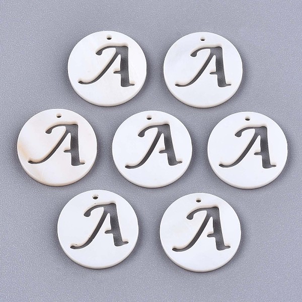 

PandaHall Natural Freshwater Shell Charms, Flat Round with Hollow Out Letter, Letter.A, 14.5x1.5mm, Hole: 0.9mm Freshwater Shell Letter A