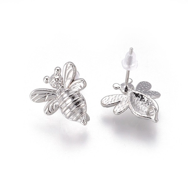 

PandaHall Brass Stud Earring Findings, with Plastic Ear Nuts and Loop, Long-Lasting Plated, Bee, Platinum, 15x14x2mm, Hole: 1.5mm, Pin...
