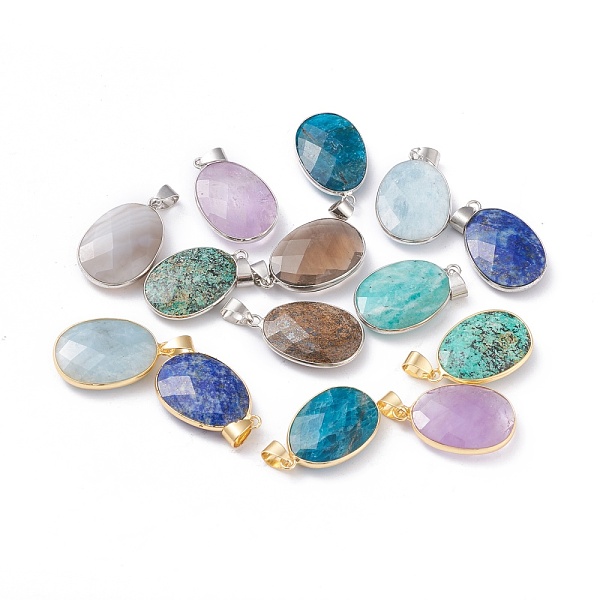 

PandaHall Natural Gemstone Pendants, with Brass Edge & Bails, Oval, Faceted, 27x17x6.5mm, Hole: 5.5x3.5mm Mixed Stone Oval