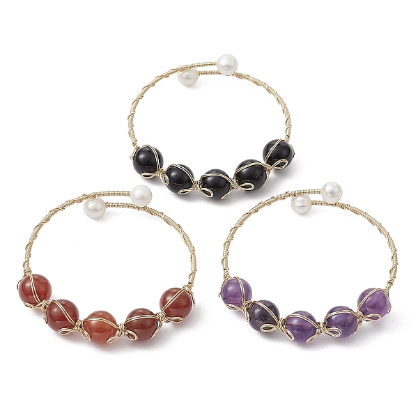 

PandaHall Natural & Synthetic Mixed Gemstone Round Beaded Bangle, Rack Plating Copper Wire Wrap Bangle with Grade A Natural Pearl Beaded..., White
