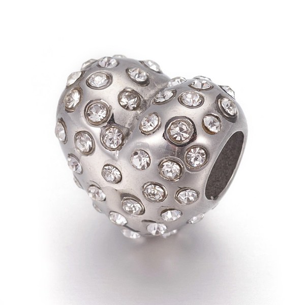 

PandaHall 304 Stainless Steel European Style Beads, Large Hole Beads, with Rhinestone, Heart, Stainless Steel Color, Crystal, 10.5x11x8mm..., Clear