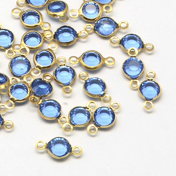 

PandaHall Brass Glass Links/Connectors, Faceted Flat Round, Raw(Unplated), Cornflower Blue, 13x6~7x3mm, Hole: 2mm Glass Flat Round Blue