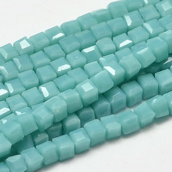 

PandaHall Faceted Cube Glass Beads Strands, Sky Blue, 2.5x2.5x2.5mm, Hole: 0.5mm, about 185pcs/strand, 15.7 inch Glass Cube Blue