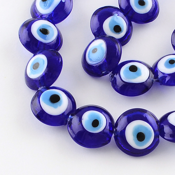 

PandaHall Flat Round Evil Eye Lampwork Bead Strands, Blue, 15~16x8~9mm, Hole: 2mm, about 24pcs/strand, 13.7 inch Lampwork Evil Eye Blue