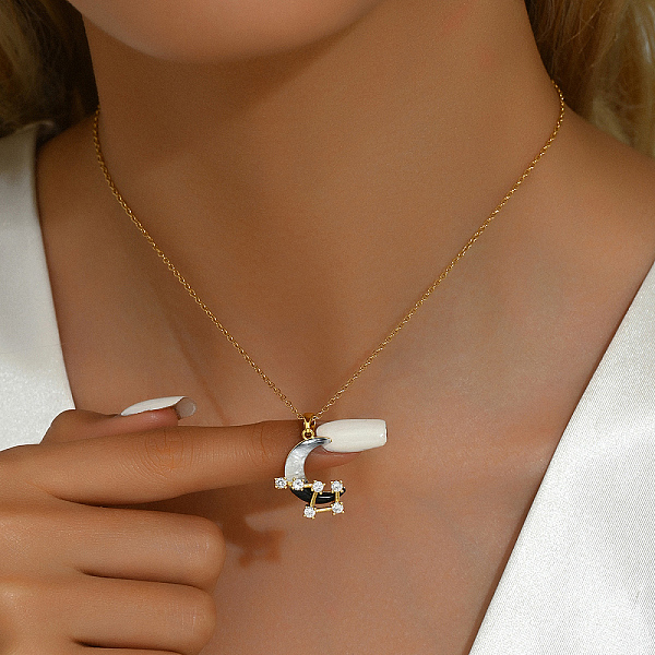 

PandaHall Valentine's Day Starry Pendant Necklaces, Micro Pave Zirconia, Brass Cable Chaim Necklaces Brass Moon