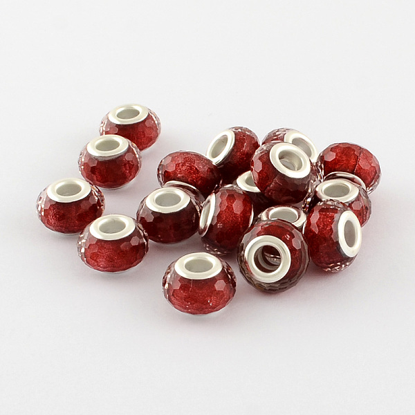 

PandaHall Large Hole Resin European Beads, with Silver Color Plated Brass Double Cores, Faceted Rondelle, Dark Red, 14x9mm, Hole: 5mm...