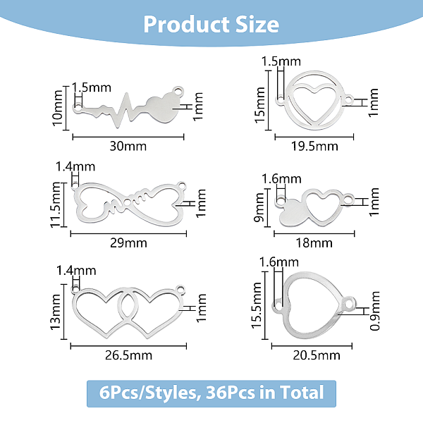 Dicosmetic36pcs6スタイル201ステンレス鋼コネクタチャーム