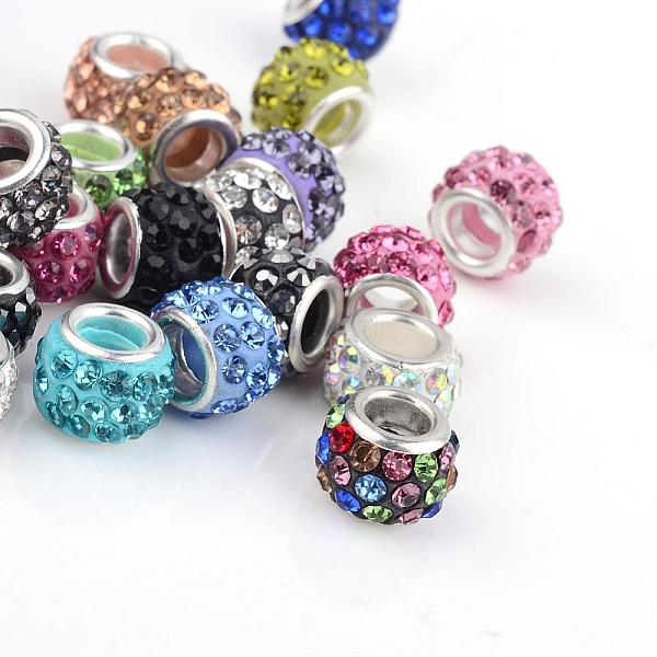 

PandaHall Polymer Clay Rhinestone European Beads, Large Hole Beads, Rondelle, with Silver Color Plated Brass Cores, Mixed Color, 10~12x7~8mm..., Multicolor