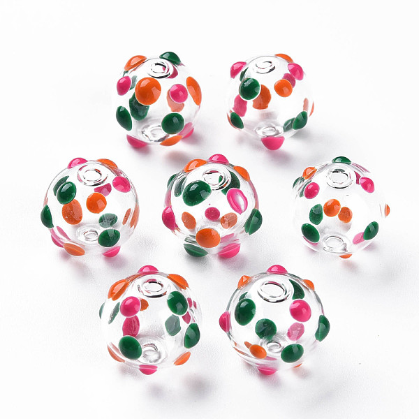 

PandaHall Transparent Glass Enamel Beads, Round with Dot, Camellia, 14x13mm, Hole: 2mm Glass Round Pink