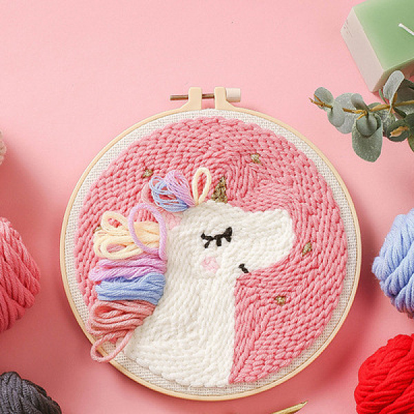 PandaHall Punch Embroidery Supplies Kits, including Embroidery Fabric & Yarn, Instruction Sheet, Unicorn, 220mm Cloth Unicorn