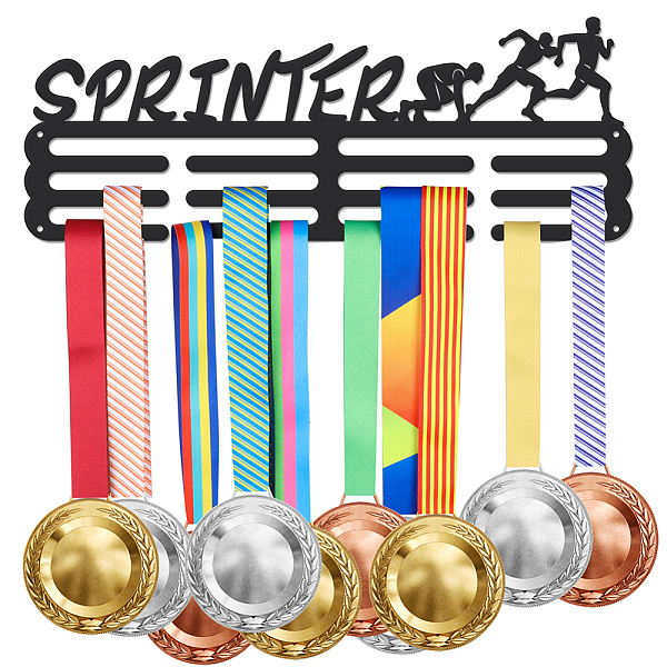 

PandaHall Sports Theme Iron Medal Hanger Holder Display Wall Rack, with Screws, Word Sprinter, Running Pattern, 150x400mm Iron Sports Black