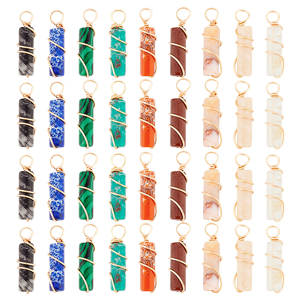

PandaHall DICOSMETIC 36Pcs 9 Colors Natural Gemstone Pendants Column Crystal Pendant Dyed Quartz Charms Golden Copper Wire Wrapped Charms...