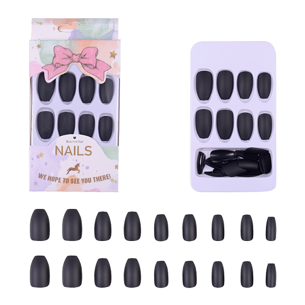 PandaHall Plastic False Nail Tips, Practice Manicure Nail Art Tool, Black, 17~23x7~14mm, about 24pcs/box Plastic Black