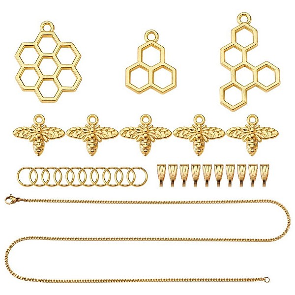 

PandaHall DIY Bee Honeycomb Necklace Making, with Alloy Pendants, 304 Stainless Steel Curb Chain Necklaces, Golden, 21.65 inch(55cm) Alloy