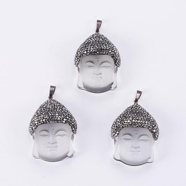 

PandaHall Glass Pendants, with Polymer Clay Rhinestone & Brass Findings, Buddha, Clear, 40~42x29x17mm, Hole: 5x8mm Brass+Glass Human Clear