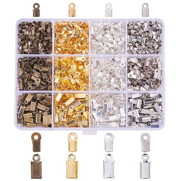 About 1760 Pcs Iron Fold Over Cord Ends Terminators Crimp End Tips for Leather 3mm 3.5mm 4mm for Jewelry Making 4 Colors