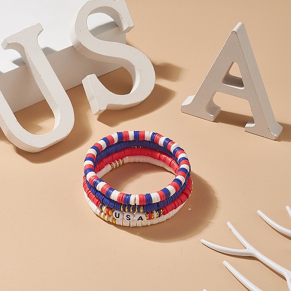 

PandaHall 4Pcs 4 Style Independence Day Polymer Clay Heishi Surfer Stretch Bracelets Set, Word USA Acrylic Beaded Preppy Bracelets for Women..., Multicolor
