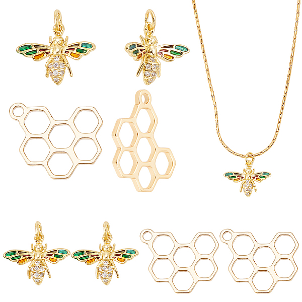

PandaHall ARRICRAFT 8Pcs 2 Styles Brass Pendants & Brass Micro Pave Cubic Zirconia Pendants, with Jump Rings and Enamel, Honeycomb & Bees...