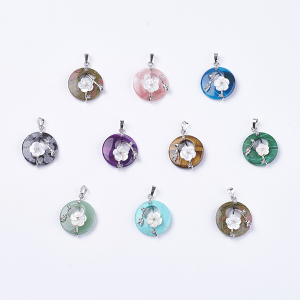 

PandaHall Natural & Synthetic Mixed Stone Pendants, with Shell, Rhinestone and Platinum Tone Brass Findings, Flat Round with Flower..., Multicolor