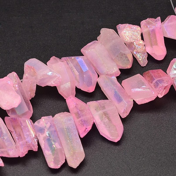 

PandaHall Electroplated Natural Quartz Crystal Beads Strands, Nuggets, Tusk Shape, AB Color, Dyed, Pink, 7~15x18~60mm, Hole: 1mm, about...