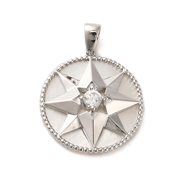 

PandaHall Brass Micro Pave Cubic Clear Zirconia Pendants, with Shell, Flat Round with Star, Real Platinum Plated, 22x20x4.5mm, Hole...