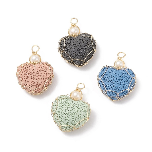 

PandaHall Natural Lava Rock Pendants, for Perfume Essential Oil Charm, with Golden Tone Copper Wire and Natural Cultured Freshwater Pearl..., Multicolor