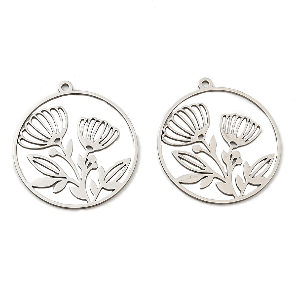 

PandaHall 201 Stainless Steel Pendants, Laser Cut, Flat Round with Flower Charm, Stainless Steel Color, 33x30x1mm, Hole: 1.8mm 201 Stainless...
