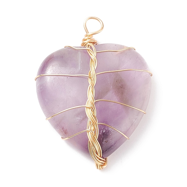 

PandaHall Natural Amethyst Pendants, with Light Gold Tone Copper Wire Wrapped, Heart, 38~41x30~31x9mm, Hole: 3~4mm Amethyst Heart