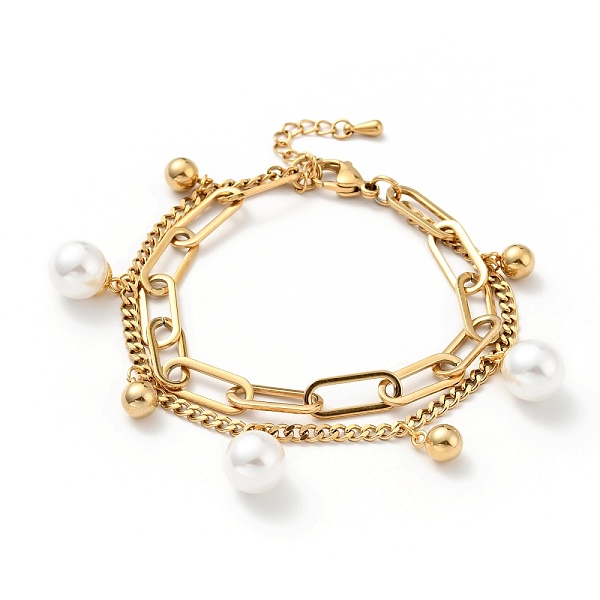 

PandaHall Plastic Pearl and Round Ball Charm Multi-strand Bracelet, Vacuum Plating 304 Stainless Steel Double Layered Chains Bracelet for...