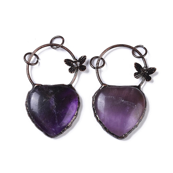 

PandaHall Natural Amethyst Heart Big Pendants, Red Copper Plated Brass Ring & Butterfly Charms, 56.5x35x7.5mm, Hole: 6mm Amethyst Heart