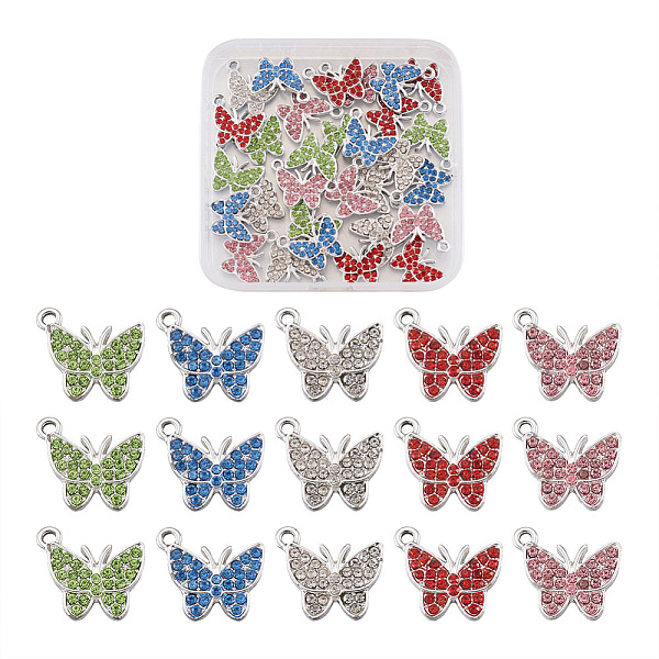 

PandaHall 30Pcs 5 Colors Zinc Alloy Butterfly Jewelry Charms, with Resin Rhinestone, Mixed Color, 12x14mm, Hole: 2.5mm, 6pcs/color..., Multicolor
