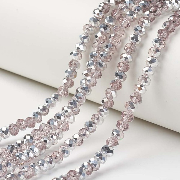

PandaHall Electroplate Transparent Glass Beads Strands, Half Silver Plated, Faceted, Rondelle, Pink, 4x3mm, Hole: 0.4mm, about...