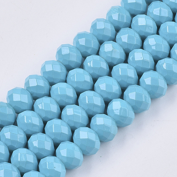 

PandaHall Opaque Spray Painted Glass Beads Strands, Faceted, Rondelle, Light Sky Blue, 8x6mm, Hole: 1.2mm, about 68~72pcs/strand, 15.94...
