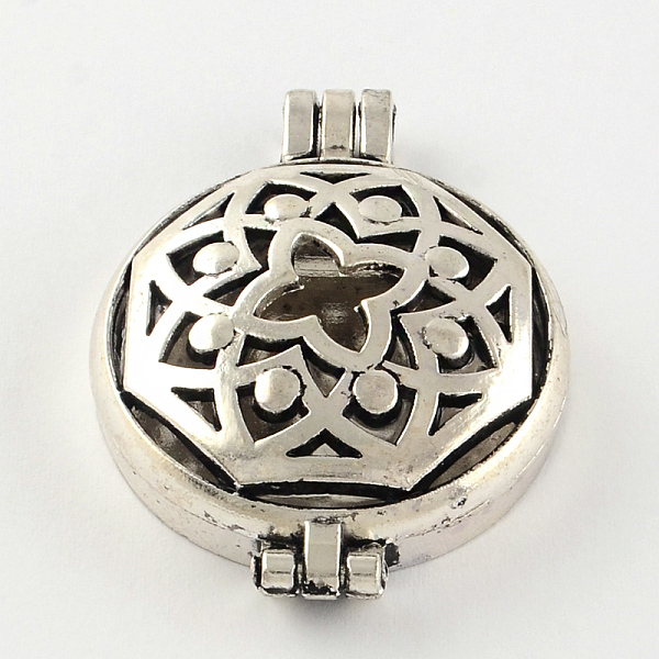 

PandaHall Rack Plating Hollow Brass Diffuser Locket Pendants, Flat Round with Flower, Antique Silver, 44x33x11mm, Hole: 3.5~4mm, inner...