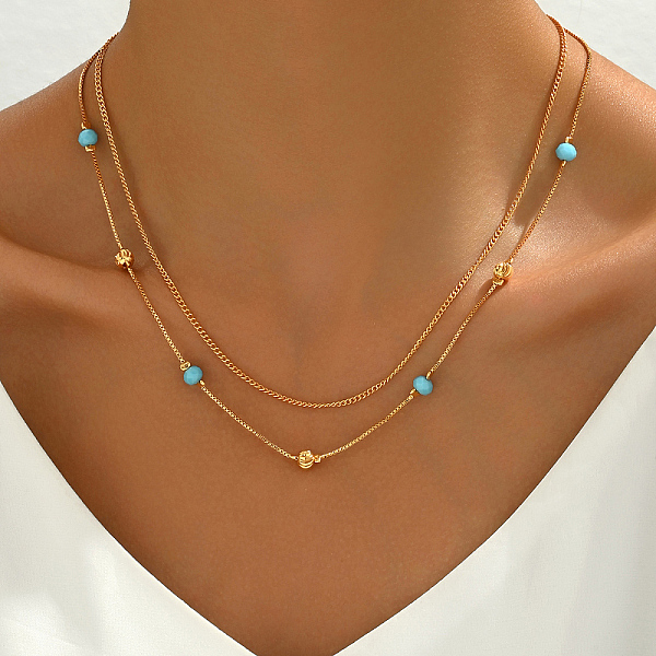 Fashionable Brass & Synthetic Turquoise Double Layer Necklaces For Women