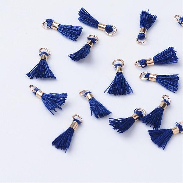 

PandaHall Polycotton(Polyester Cotton) Tassel Pendant Decorations, with Unwelded Iron Jump Rings, Golden, Medium Blue, 10~16x2mm, Hole...