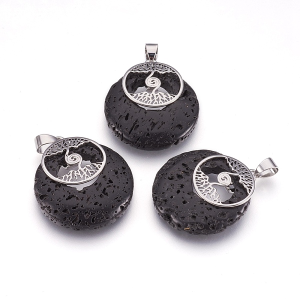

PandaHall Natural Lava Rock Pendants, with Platinum Tone Brass Findings, Flat Round with Tree of Life, Dyed, 32x28x6mm, Hole: 4x5mm Lava..., Black