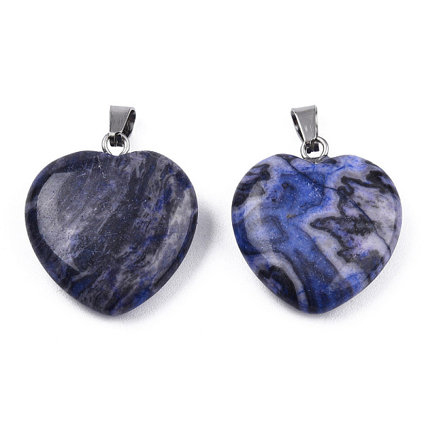 

PandaHall Natural Map Stone Pendants, with Stainless Steel Color Tone Stainless Steel Snap On Bails, Heart Charm, Dyed & Heated, Dark Blue...
