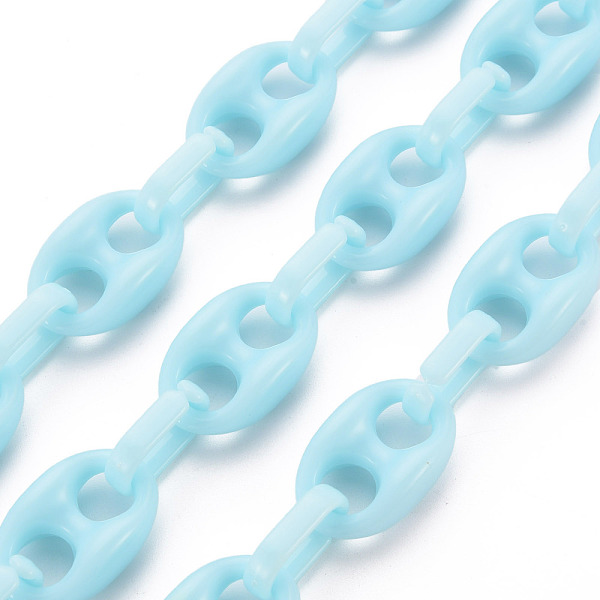 

PandaHall Handmade Opaque Acrylic Link Chains, Oval, Pale Turquoise, Link: 27x17x9mm, Oval: 18.5x11.5x4.5mm, about 3.28 Feet(1m)/strand...