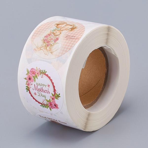 

PandaHall Self-Adhesive Paper Stickers, for Mother's Day, Decorative Presents, Round, Colorful, 38mm, 500pcs/roll Paper Flower