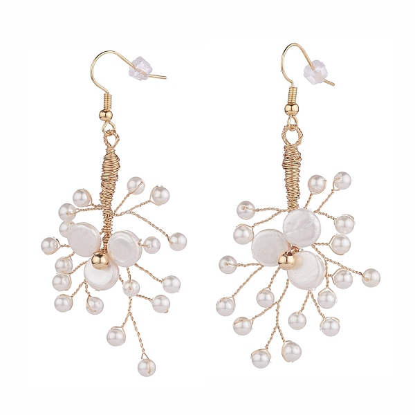 

PandaHall Brass Shell Pearl Hoop Earrings, Dangle Earrings, Copper Wire Wrapped, Golden, 67~72.5mm, Pin: 0.6mm Shell Pearl