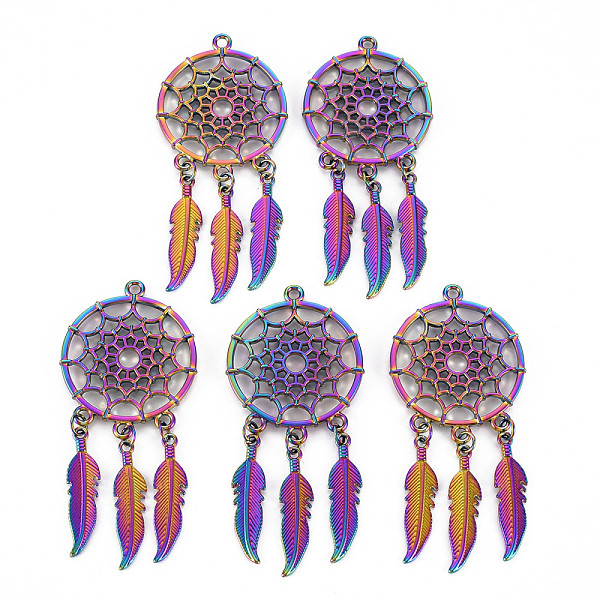 

PandaHall Rainbow Color Alloy Big Pendants, Cadmium Free & Nickel Free & Lead Free, Woven Net/Web with Feather, 59x27x2mm, Hole: 2mm Alloy...